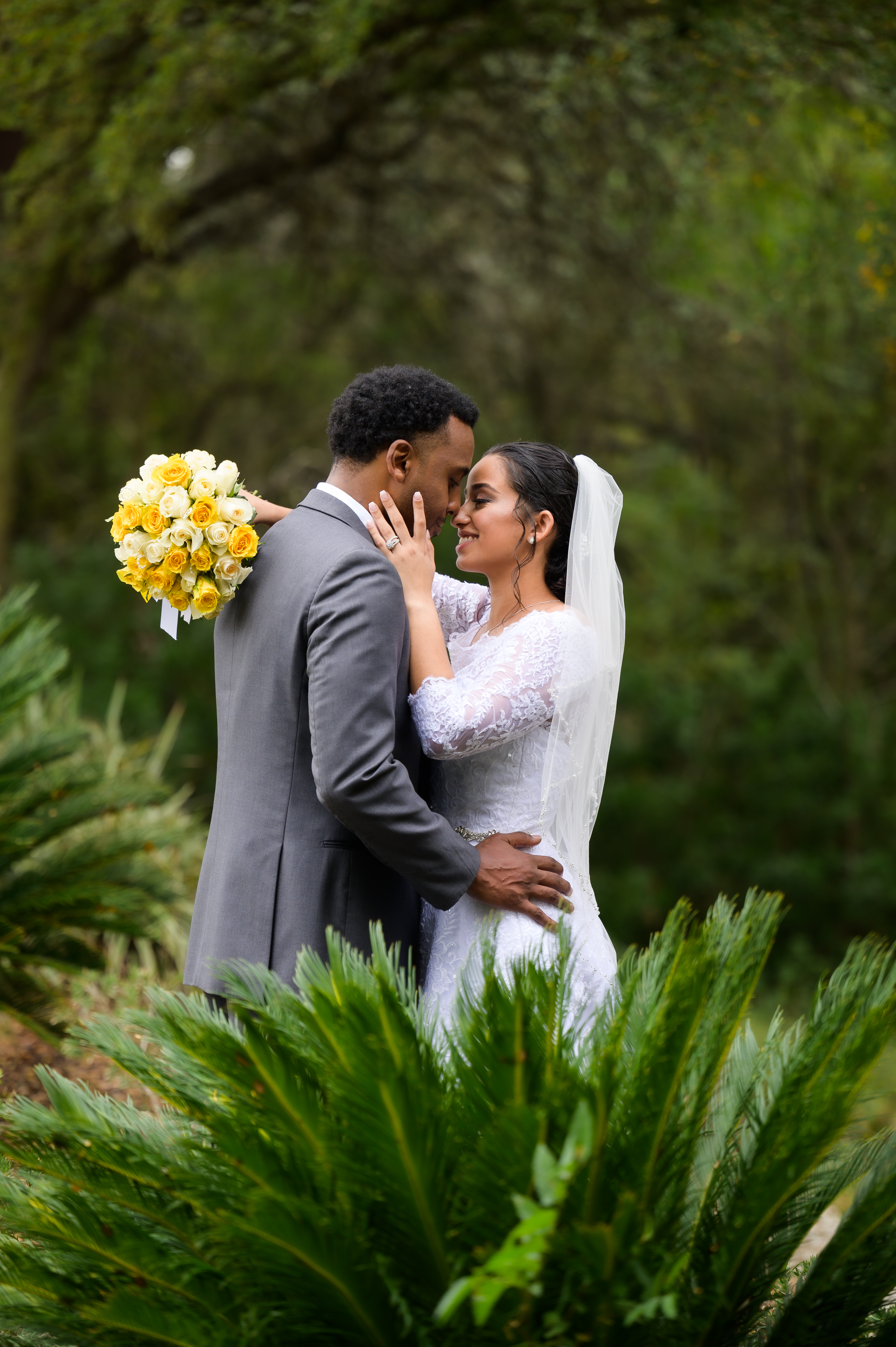 Bride and groom on golf course